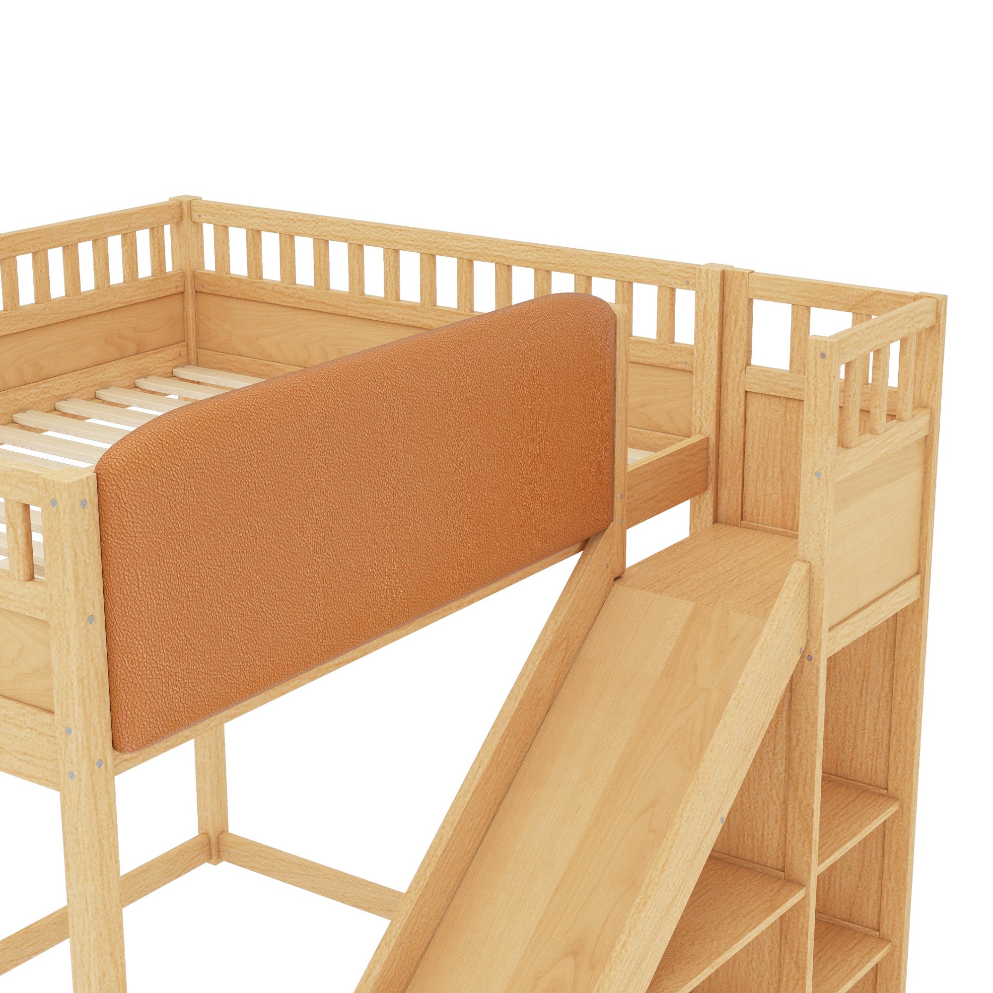 Bellemave® Full Size Kids Loft Bed with Slide and Storage Shelves for Kids,Solid Wood Loft Bed Frame with Inclined Ladder and Upholstered Headboard,Natural - Bellemave