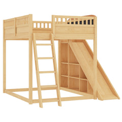 Bellemave® Full Size Kids Loft Bed with Slide and Storage Shelves for Kids,Solid Wood Loft Bed Frame with Inclined Ladder and Upholstered Headboard,Natural - Bellemave