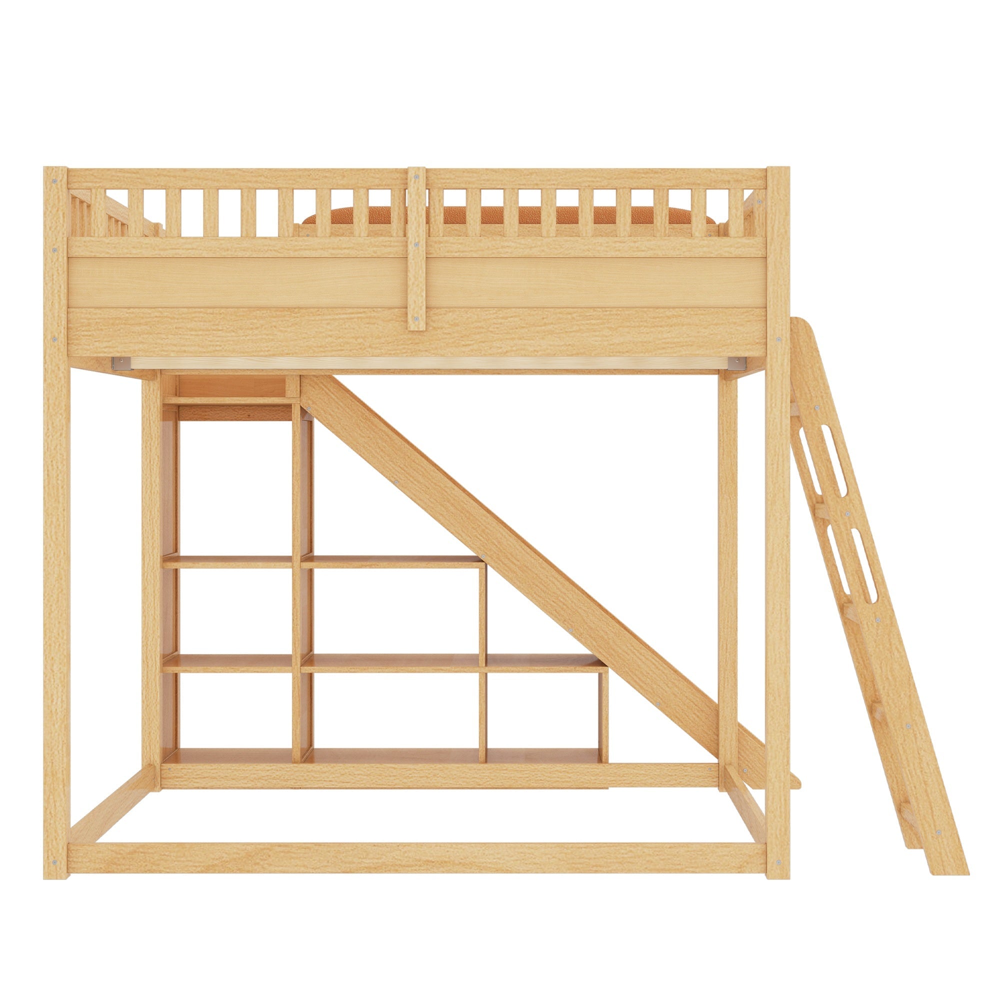 Bellemave® Full Size Kids Loft Bed with Slide and Storage Shelves for Kids,Solid Wood Loft Bed Frame with Inclined Ladder and Upholstered Headboard,Natural - Bellemave