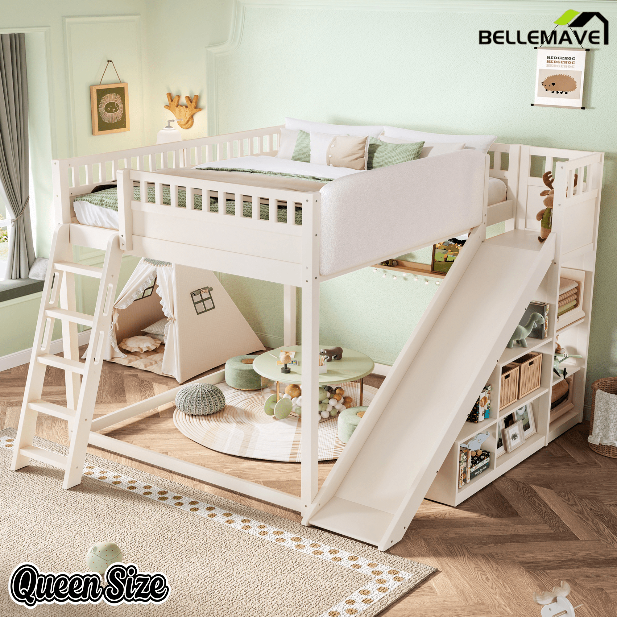 Bellemave® Full Size Kids Loft Bed with Slide and Storage Shelves for Kids,Solid Wood Loft Bed Frame with Inclined Ladder and Upholstered Headboard,Natural - Bellemave