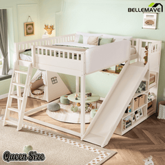 Bellemave® Full Size Kids Loft Bed with Slide and Storage Shelves for Kids,Solid Wood Loft Bed Frame with Inclined Ladder and Upholstered Headboard,Natural - Bellemave
