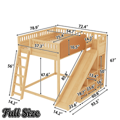 Bellemave® Full Size Kids Loft Bed with Slide and Storage Shelves for Kids,Solid Wood Loft Bed Frame with Inclined Ladder and Upholstered Headboard,Natural - Bellemave