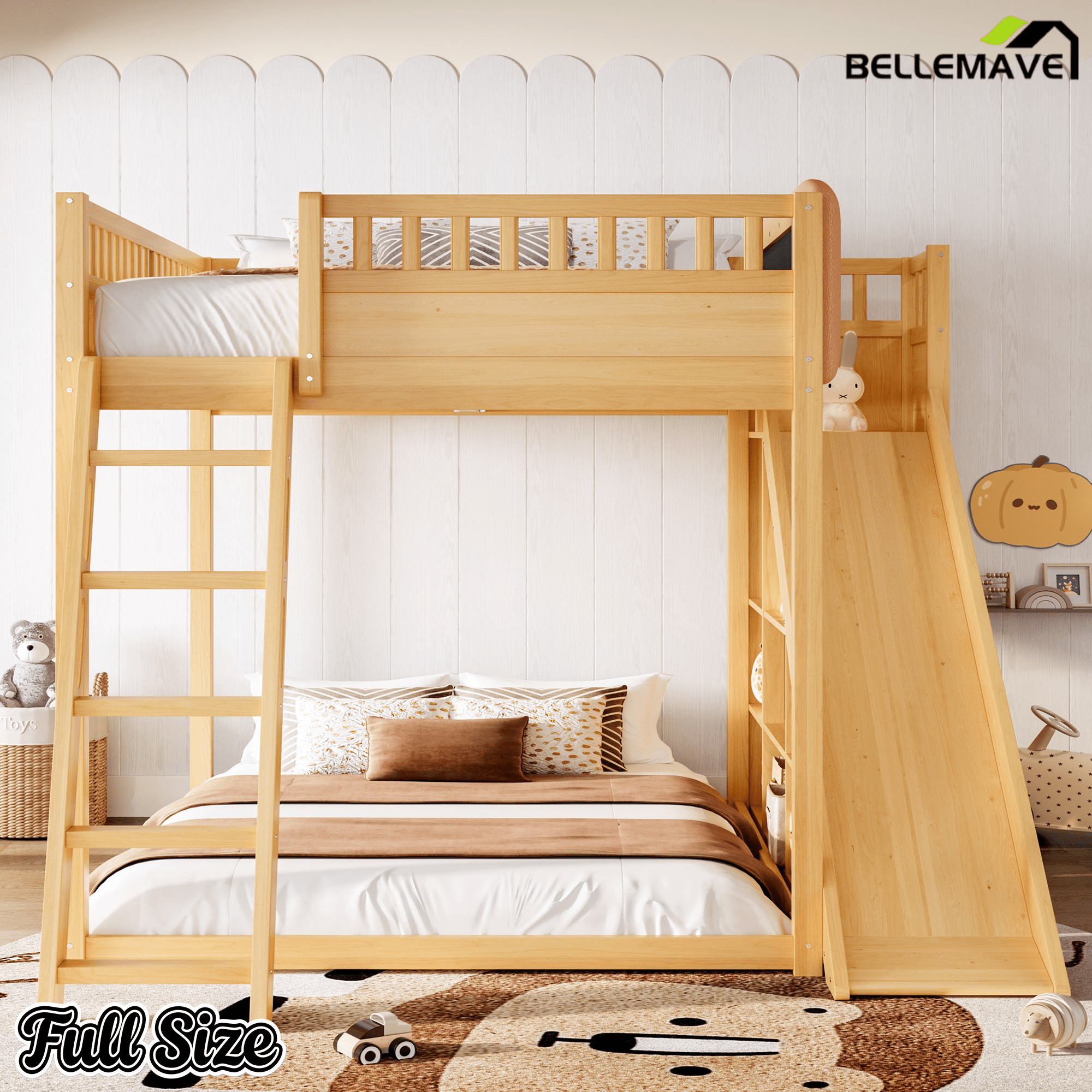 Bellemave® Full Size Kids Loft Bed with Slide and Storage Shelves for Kids,Solid Wood Loft Bed Frame with Inclined Ladder and Upholstered Headboard,Natural - Bellemave