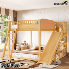 Bellemave® Full Size Kids Loft Bed with Slide and Storage Shelves for Kids,Solid Wood Loft Bed Frame with Inclined Ladder and Upholstered Headboard,Natural - Bellemave