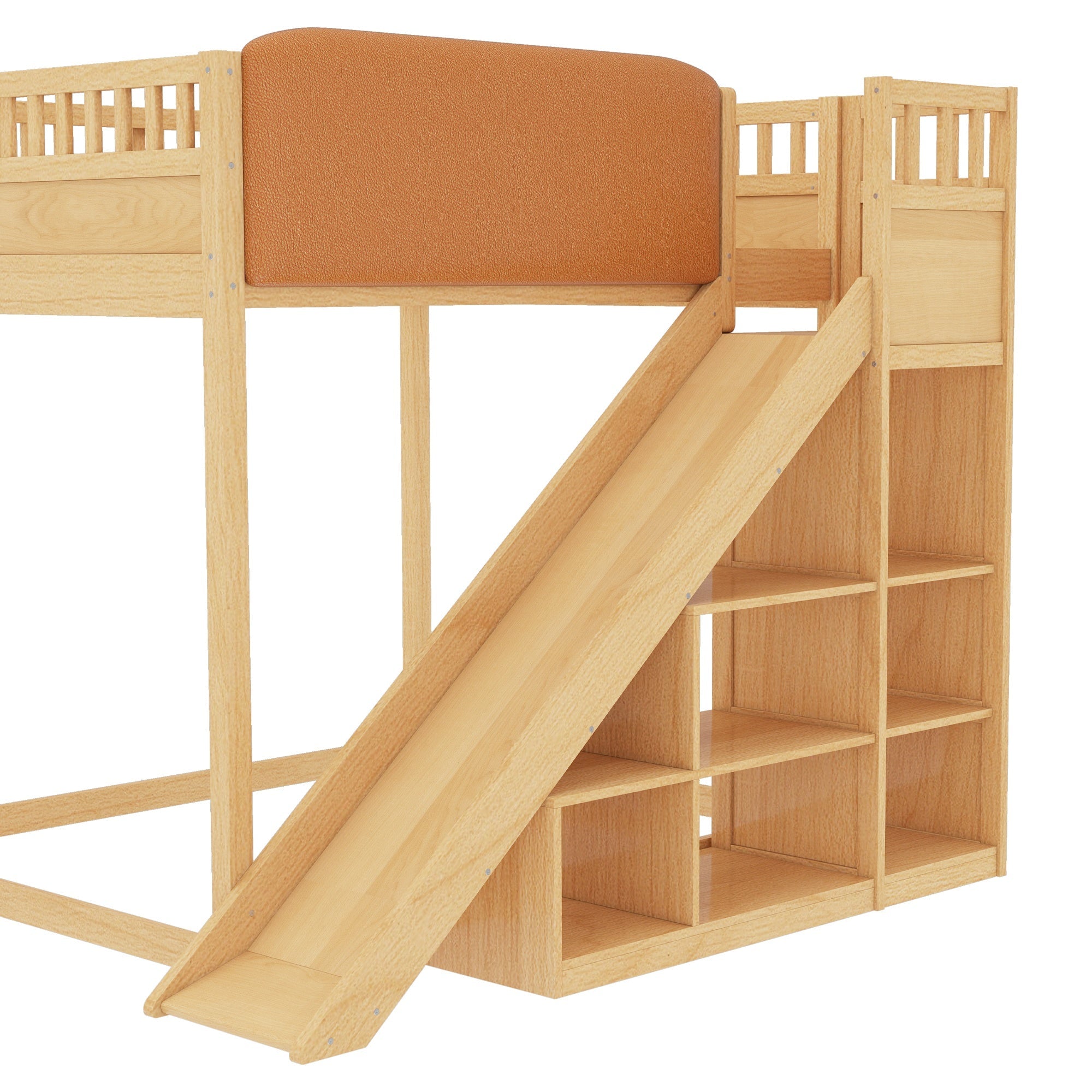 Bellemave® Full Size Kids Loft Bed with Slide and Storage Shelves for Kids,Solid Wood Loft Bed Frame with Inclined Ladder and Upholstered Headboard,Natural - Bellemave