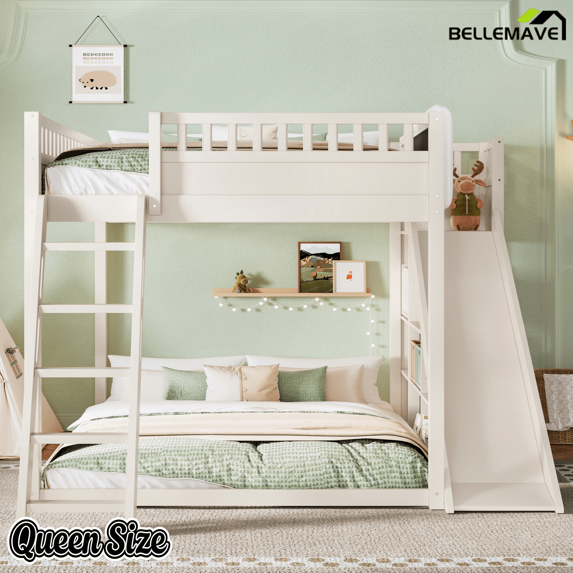 Bellemave® Full Size Kids Loft Bed with Slide and Storage Shelves for Kids,Solid Wood Loft Bed Frame with Inclined Ladder and Upholstered Headboard,Natural - Bellemave