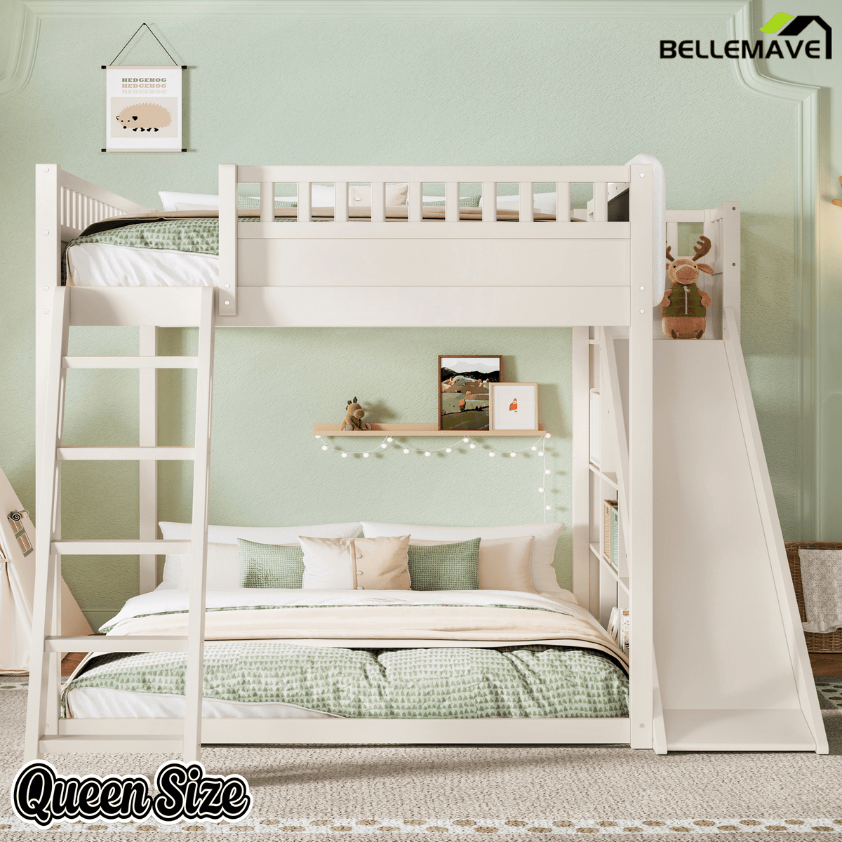 Bellemave® Full Size Kids Loft Bed with Slide and Storage Shelves for Kids,Solid Wood Loft Bed Frame with Inclined Ladder and Upholstered Headboard,Natural - Bellemave
