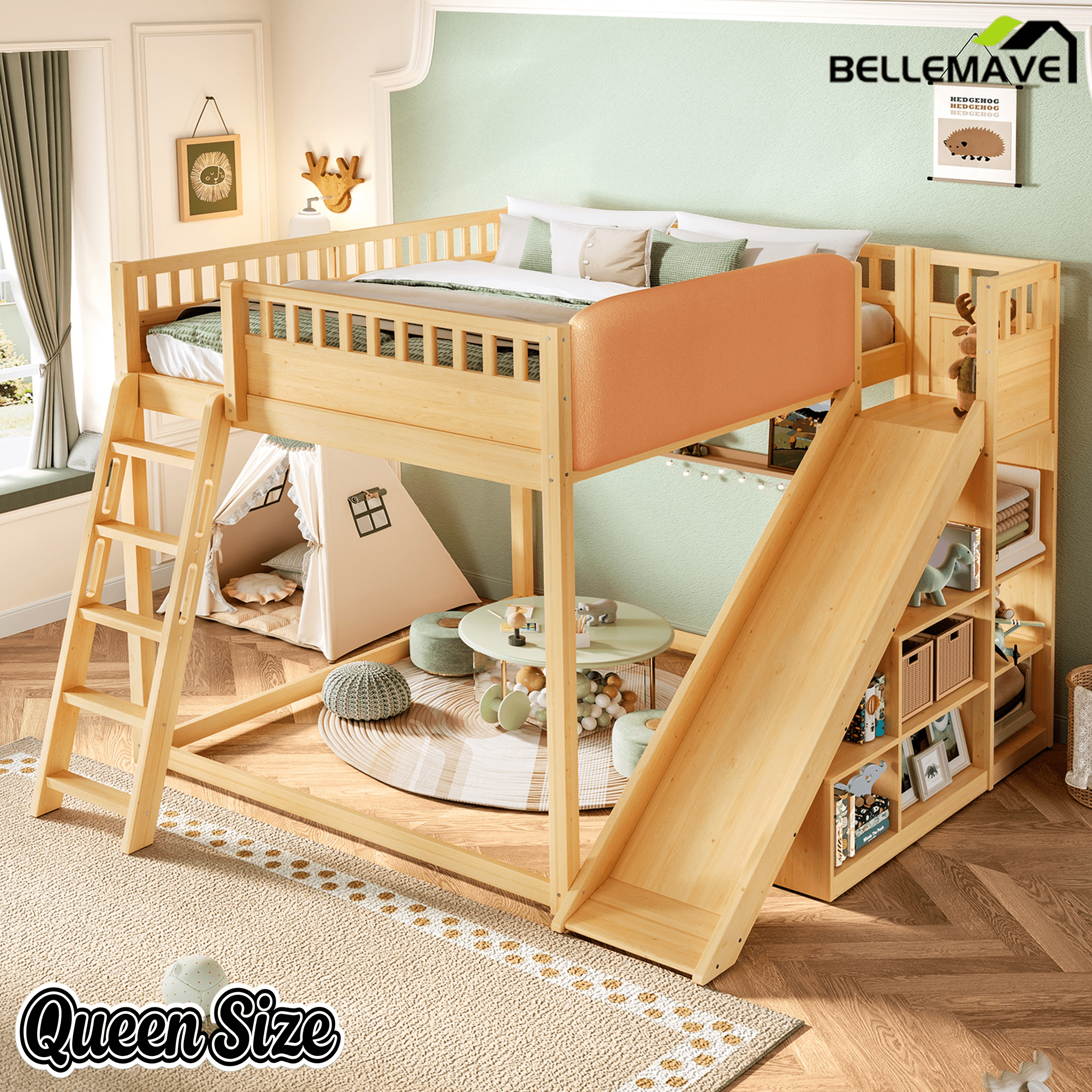 Bellemave® Full Size Kids Loft Bed with Slide and Storage Shelves for Kids,Solid Wood Loft Bed Frame with Inclined Ladder and Upholstered Headboard,Natural - Bellemave