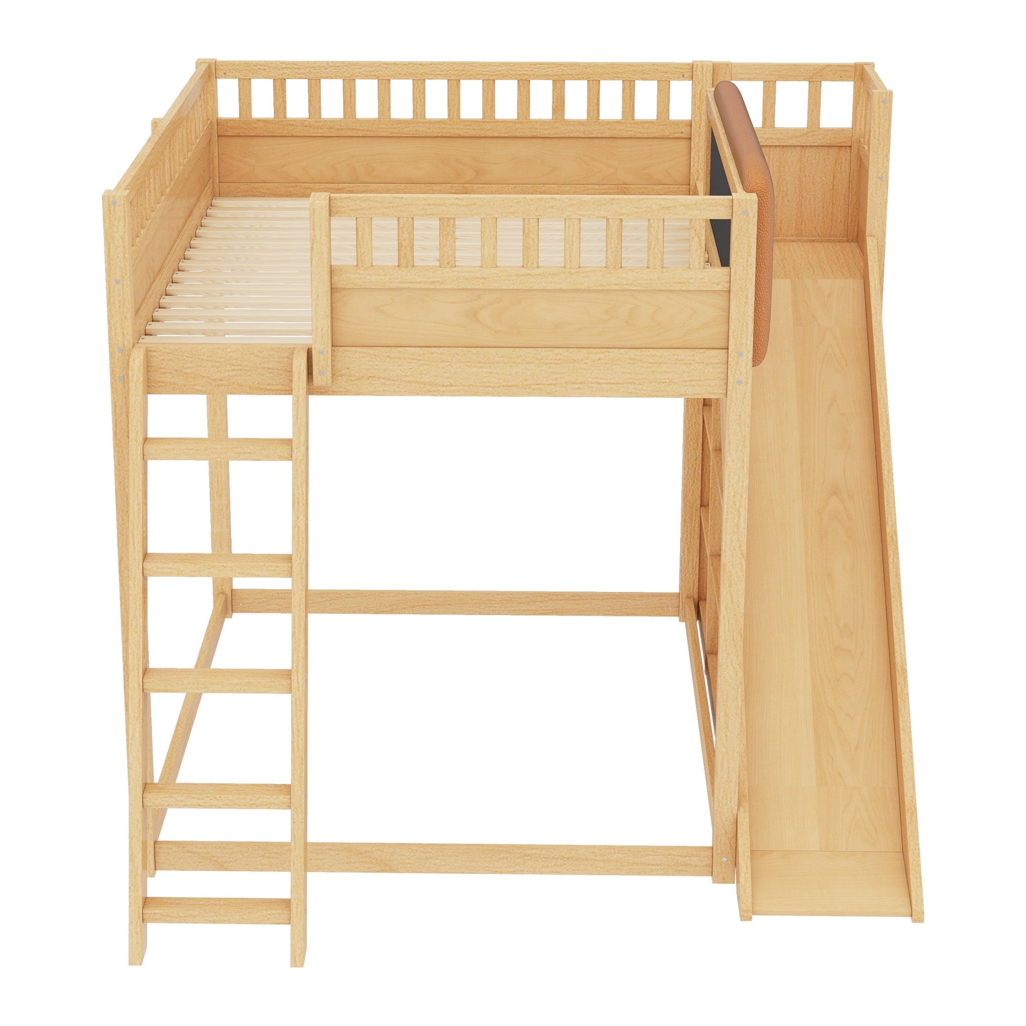 Bellemave® Full Size Kids Loft Bed with Slide and Storage Shelves for Kids,Solid Wood Loft Bed Frame with Inclined Ladder and Upholstered Headboard,Natural - Bellemave