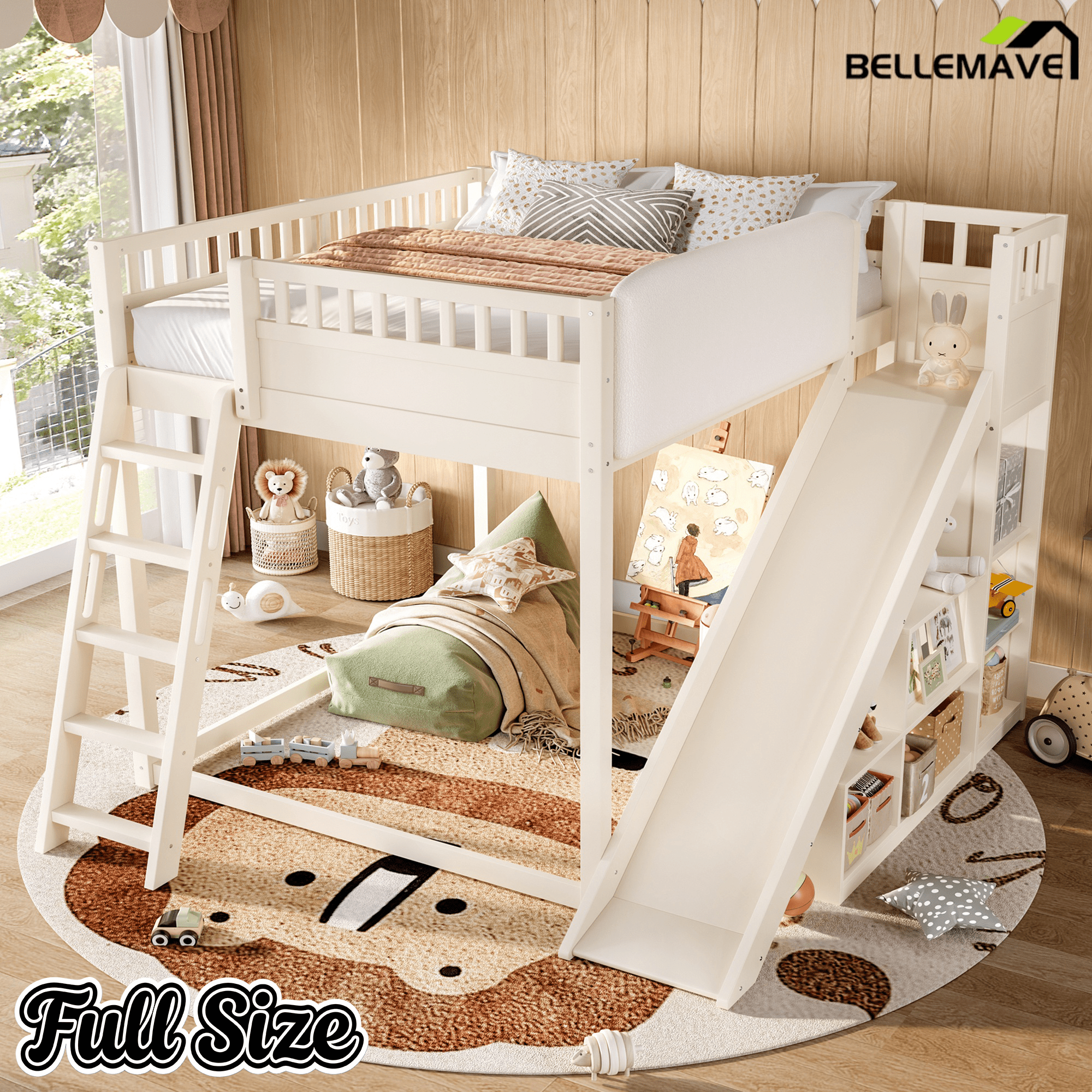 Bellemave® Full Size Kids Loft Bed with Slide and Storage Shelves for Kids,Solid Wood Loft Bed Frame with Inclined Ladder and Upholstered Headboard,Natural - Bellemave