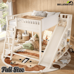 Bellemave® Full Size Kids Loft Bed with Slide and Storage Shelves for Kids,Solid Wood Loft Bed Frame with Inclined Ladder and Upholstered Headboard,Natural - Bellemave