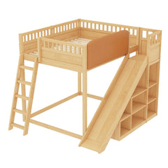 Bellemave® Full Size Kids Loft Bed with Slide and Storage Shelves for Kids,Solid Wood Loft Bed Frame with Inclined Ladder and Upholstered Headboard,Natural - Bellemave