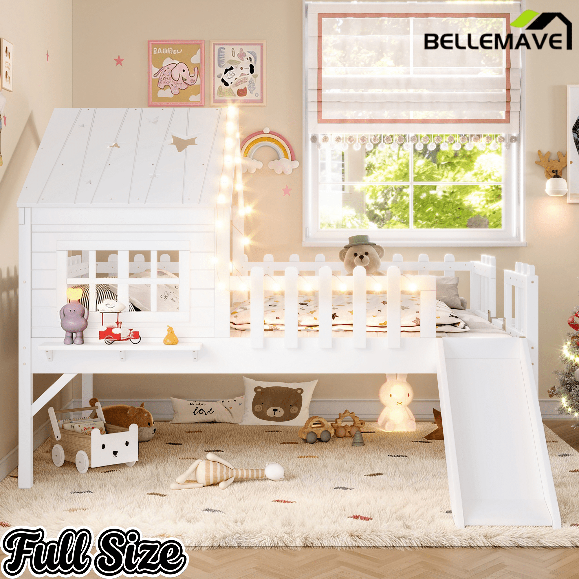 Bellemave® Full Size Kids Low Loft Bed with Slide,House Loft Bed with LED Lights and Ladder,Solid Wood Girls Loft Bed Frame with Safety Guardrails for Girls Boys,Natural - Bellemave