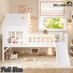 Bellemave® Full Size Kids Low Loft Bed with Slide,House Loft Bed with LED Lights and Ladder,Solid Wood Girls Loft Bed Frame with Safety Guardrails for Girls Boys,Natural - Bellemave
