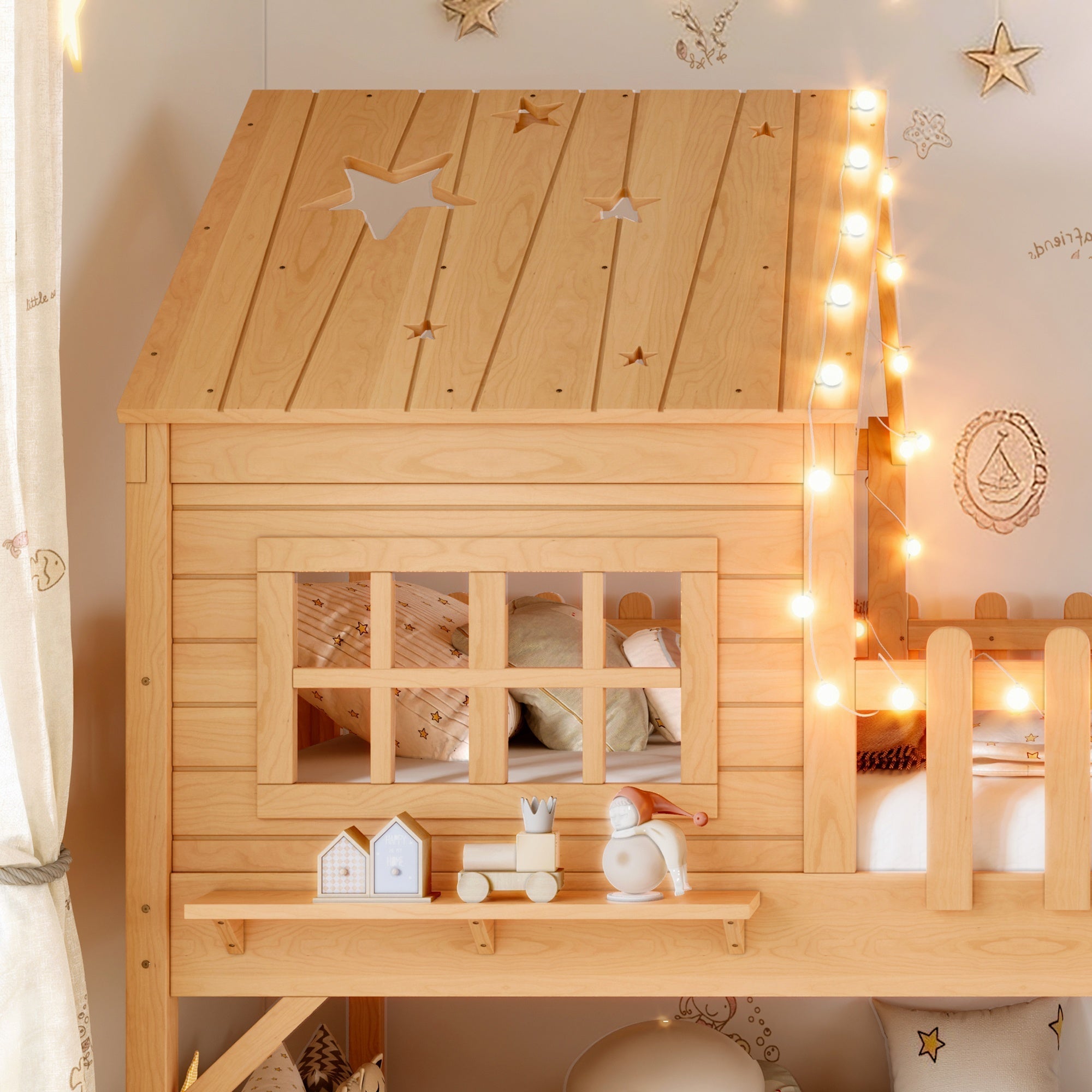 Bellemave® Full Size Kids Low Loft Bed with Slide,House Loft Bed with LED Lights and Ladder,Solid Wood Girls Loft Bed Frame with Safety Guardrails for Girls Boys,Natural - Bellemave