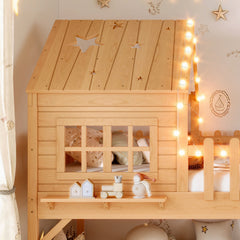 Bellemave® Full Size Kids Low Loft Bed with Slide,House Loft Bed with LED Lights and Ladder,Solid Wood Girls Loft Bed Frame with Safety Guardrails for Girls Boys,Natural - Bellemave