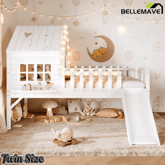 Bellemave® Full Size Kids Low Loft Bed with Slide,House Loft Bed with LED Lights and Ladder,Solid Wood Girls Loft Bed Frame with Safety Guardrails for Girls Boys,Natural - Bellemave