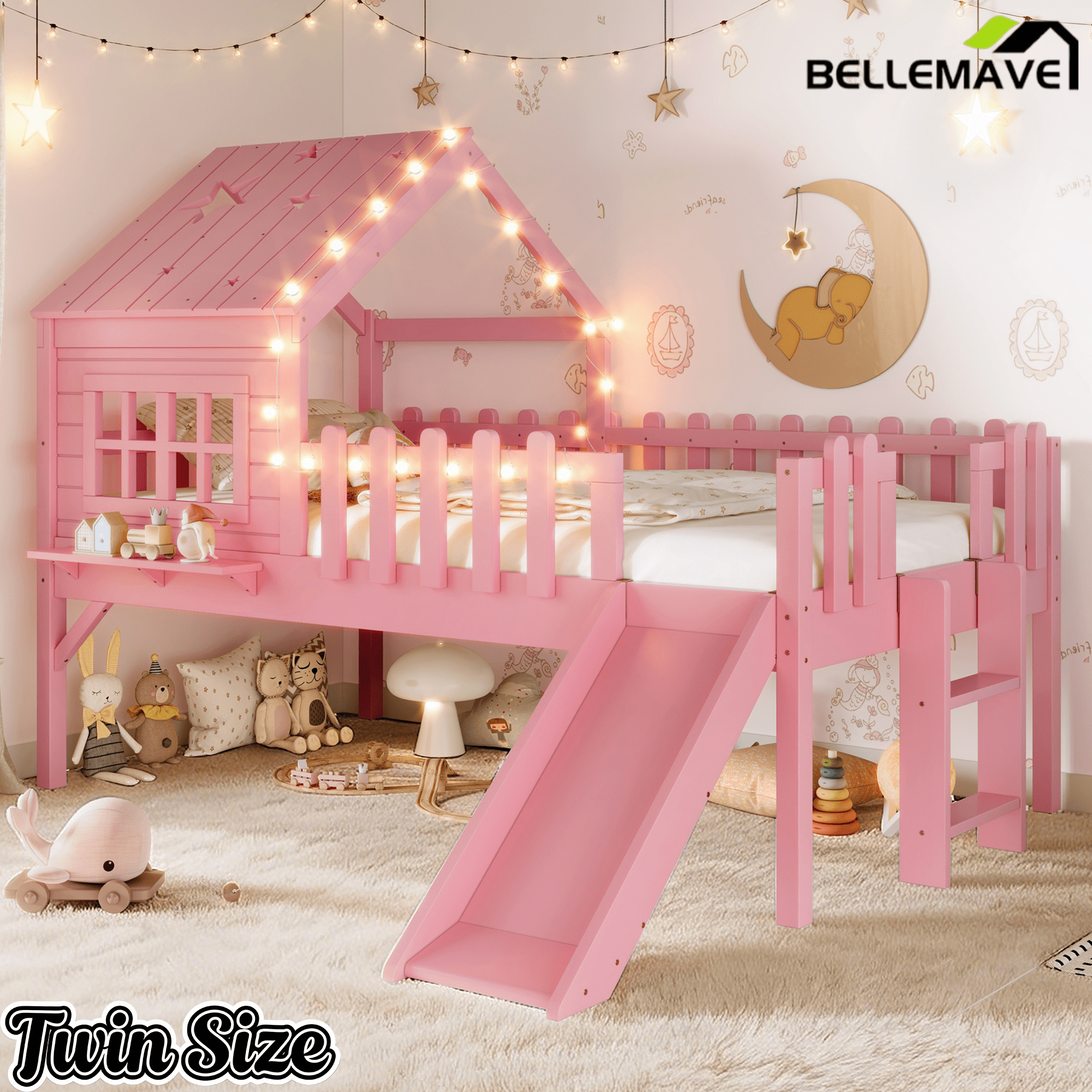 Bellemave® Full Size Kids Low Loft Bed with Slide,House Loft Bed with LED Lights and Ladder,Solid Wood Girls Loft Bed Frame with Safety Guardrails for Girls Boys,Natural - Bellemave