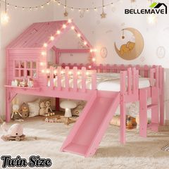 Bellemave® Full Size Kids Low Loft Bed with Slide,House Loft Bed with LED Lights and Ladder,Solid Wood Girls Loft Bed Frame with Safety Guardrails for Girls Boys,Natural - Bellemave