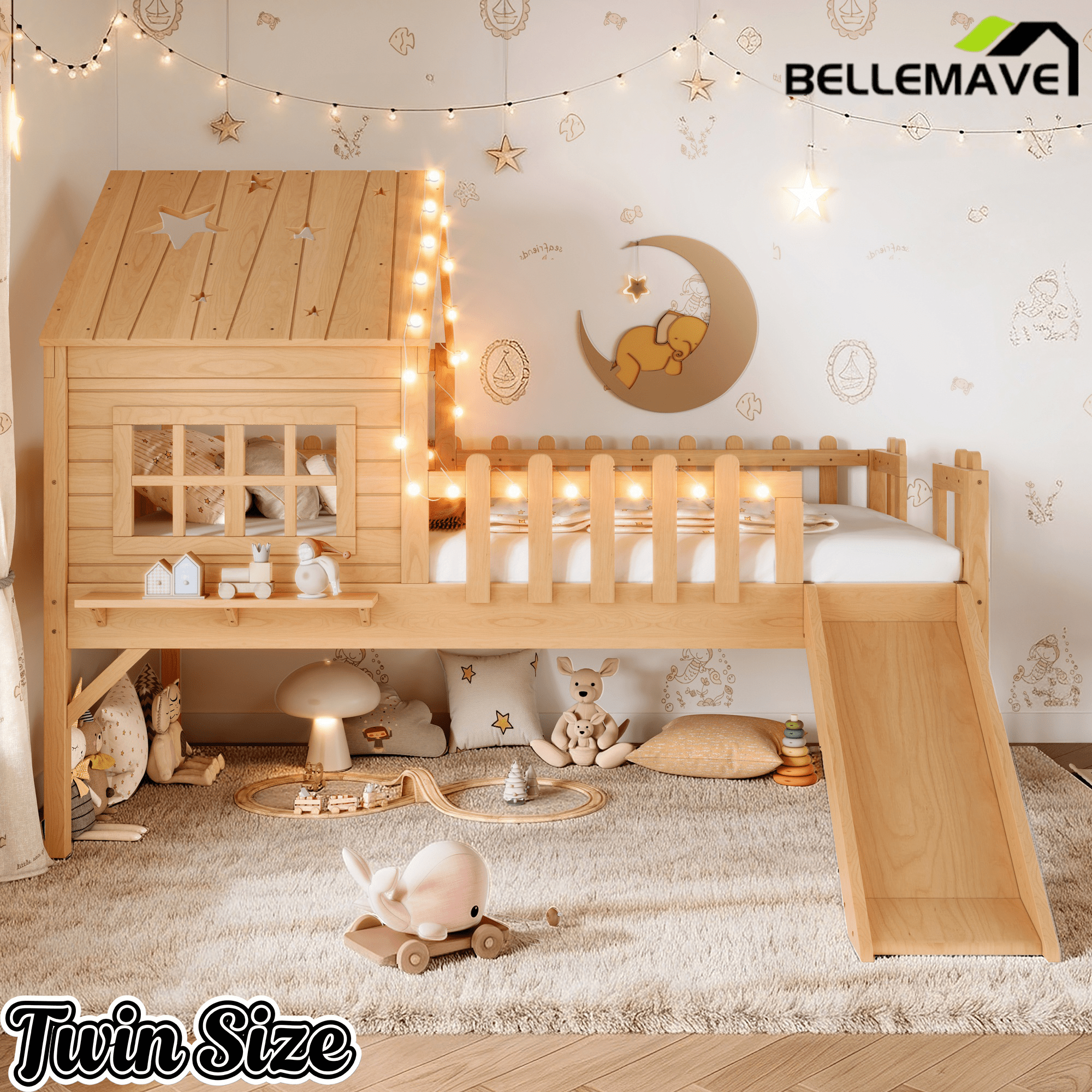 Bellemave® Full Size Kids Low Loft Bed with Slide,House Loft Bed with LED Lights and Ladder,Solid Wood Girls Loft Bed Frame with Safety Guardrails for Girls Boys,Natural - Bellemave