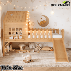 Bellemave® Full Size Kids Low Loft Bed with Slide,House Loft Bed with LED Lights and Ladder,Solid Wood Girls Loft Bed Frame with Safety Guardrails for Girls Boys,Natural - Bellemave