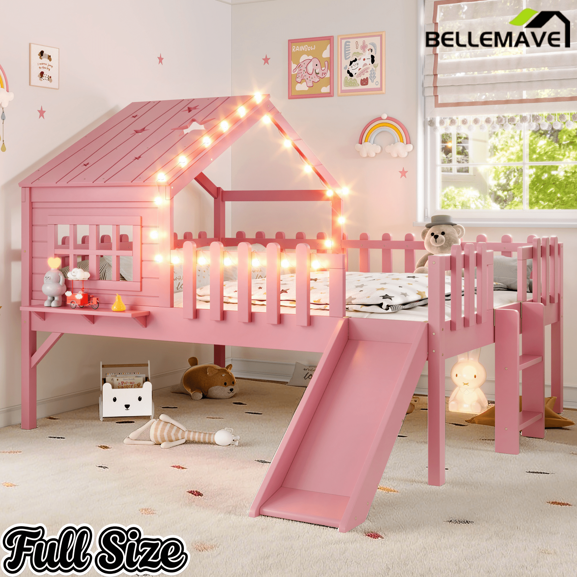 Bellemave® Full Size Kids Low Loft Bed with Slide,House Loft Bed with LED Lights and Ladder,Solid Wood Girls Loft Bed Frame with Safety Guardrails for Girls Boys,Natural - Bellemave