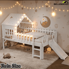 Bellemave® Full Size Kids Low Loft Bed with Slide,House Loft Bed with LED Lights and Ladder,Solid Wood Girls Loft Bed Frame with Safety Guardrails for Girls Boys,Natural - Bellemave