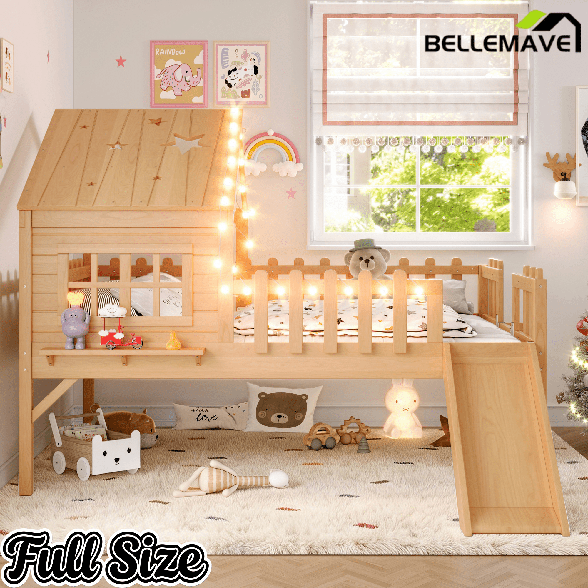 Bellemave® Full Size Kids Low Loft Bed with Slide,House Loft Bed with LED Lights and Ladder,Solid Wood Girls Loft Bed Frame with Safety Guardrails for Girls Boys,Natural - Bellemave