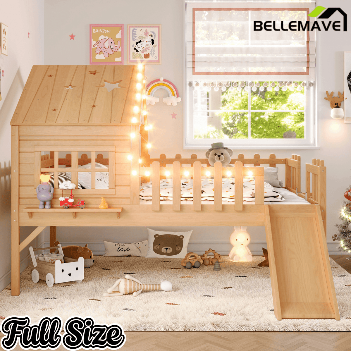 Bellemave® Full Size Kids Low Loft Bed with Slide,House Loft Bed with LED Lights and Ladder,Solid Wood Girls Loft Bed Frame with Safety Guardrails for Girls Boys,Natural - Bellemave