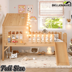 Bellemave® Full Size Kids Low Loft Bed with Slide,House Loft Bed with LED Lights and Ladder,Solid Wood Girls Loft Bed Frame with Safety Guardrails for Girls Boys,Natural - Bellemave