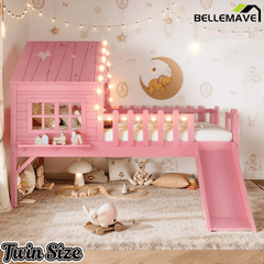 Bellemave® Full Size Kids Low Loft Bed with Slide,House Loft Bed with LED Lights and Ladder,Solid Wood Girls Loft Bed Frame with Safety Guardrails for Girls Boys,Natural - Bellemave
