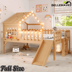 Bellemave® Full Size Kids Low Loft Bed with Slide,House Loft Bed with LED Lights and Ladder,Solid Wood Girls Loft Bed Frame with Safety Guardrails for Girls Boys,Natural - Bellemave