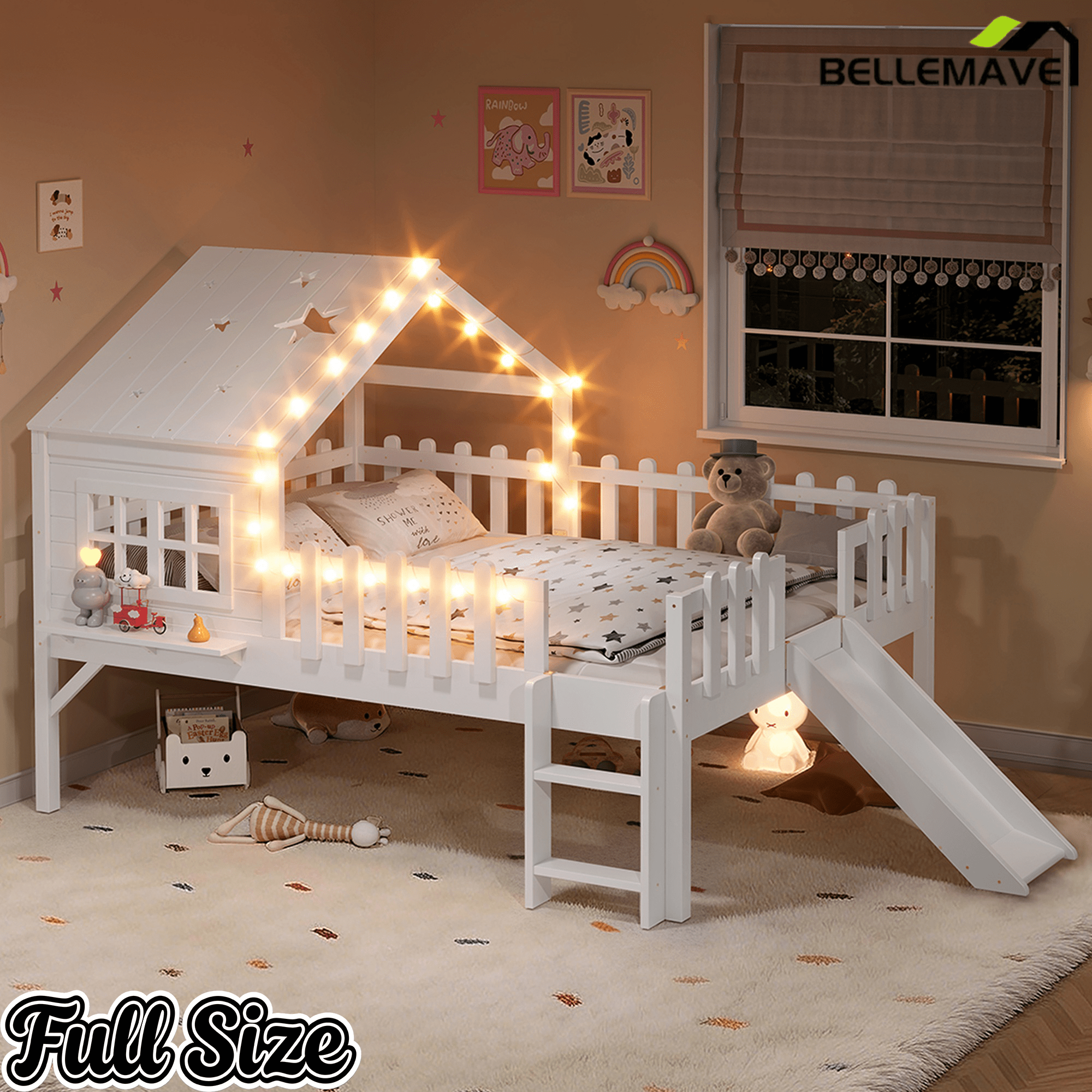 Bellemave® Full Size Kids Low Loft Bed with Slide,House Loft Bed with LED Lights and Ladder,Solid Wood Girls Loft Bed Frame with Safety Guardrails for Girls Boys,Natural - Bellemave