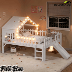 Bellemave® Full Size Kids Low Loft Bed with Slide,House Loft Bed with LED Lights and Ladder,Solid Wood Girls Loft Bed Frame with Safety Guardrails for Girls Boys,Natural - Bellemave