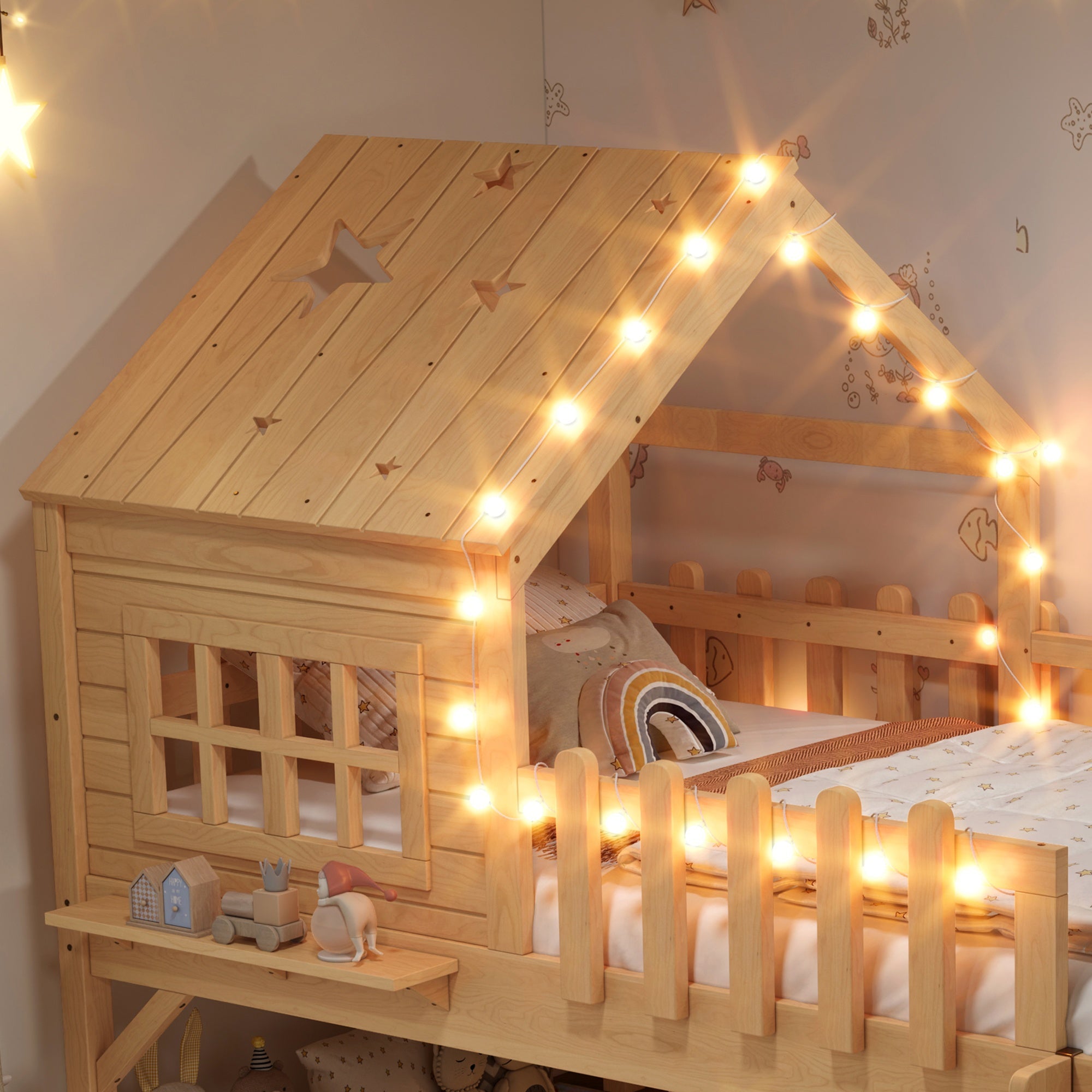 Bellemave® Full Size Kids Low Loft Bed with Slide,House Loft Bed with LED Lights and Ladder,Solid Wood Girls Loft Bed Frame with Safety Guardrails for Girls Boys,Natural - Bellemave