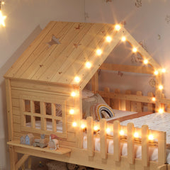 Bellemave® Full Size Kids Low Loft Bed with Slide,House Loft Bed with LED Lights and Ladder,Solid Wood Girls Loft Bed Frame with Safety Guardrails for Girls Boys,Natural - Bellemave