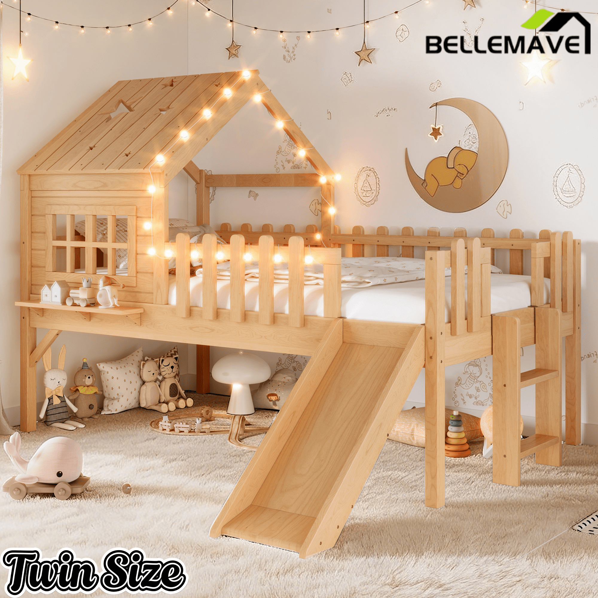 Bellemave® Full Size Kids Low Loft Bed with Slide,House Loft Bed with LED Lights and Ladder,Solid Wood Girls Loft Bed Frame with Safety Guardrails for Girls Boys,Natural - Bellemave