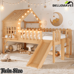 Bellemave® Full Size Kids Low Loft Bed with Slide,House Loft Bed with LED Lights and Ladder,Solid Wood Girls Loft Bed Frame with Safety Guardrails for Girls Boys,Natural - Bellemave