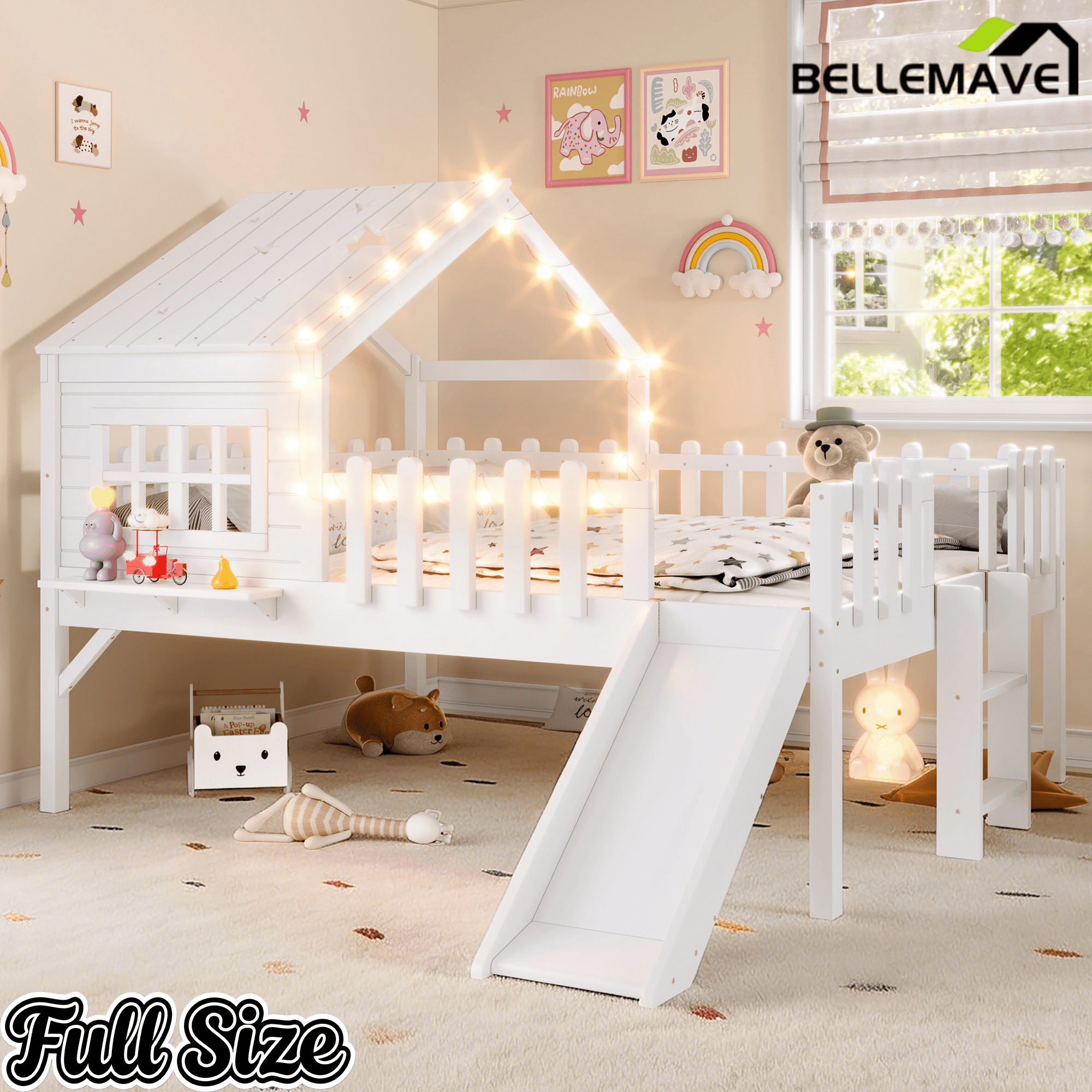 Bellemave® Full Size Kids Low Loft Bed with Slide,House Loft Bed with LED Lights and Ladder,Solid Wood Girls Loft Bed Frame with Safety Guardrails for Girls Boys,Natural - Bellemave