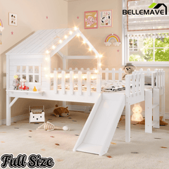 Bellemave® Full Size Kids Low Loft Bed with Slide,House Loft Bed with LED Lights and Ladder,Solid Wood Girls Loft Bed Frame with Safety Guardrails for Girls Boys,Natural - Bellemave