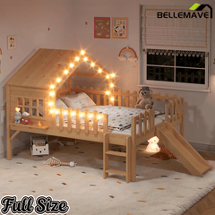 Bellemave® Full Size Kids Low Loft Bed with Slide,House Loft Bed with LED Lights and Ladder,Solid Wood Girls Loft Bed Frame with Safety Guardrails for Girls Boys,Natural - Bellemave