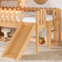 Bellemave® Full Size Kids Low Loft Bed with Slide,House Loft Bed with LED Lights and Ladder,Solid Wood Girls Loft Bed Frame with Safety Guardrails for Girls Boys,Natural - Bellemave