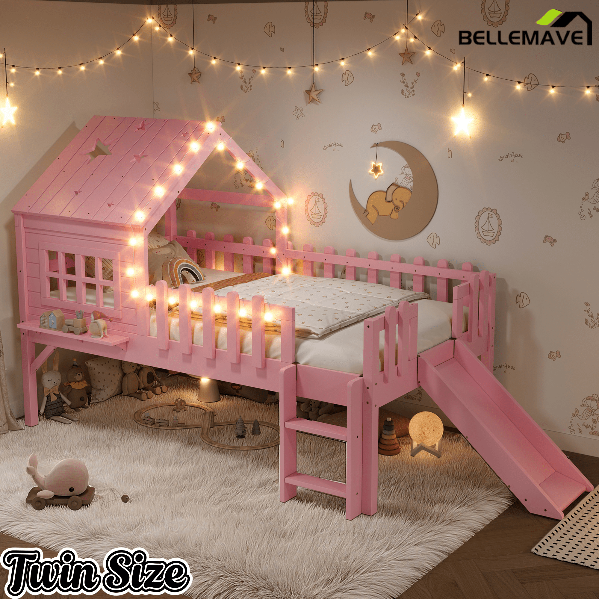 Bellemave® Full Size Kids Low Loft Bed with Slide,House Loft Bed with LED Lights and Ladder,Solid Wood Girls Loft Bed Frame with Safety Guardrails for Girls Boys,Natural - Bellemave
