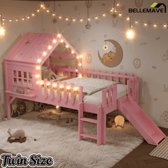 Bellemave® Full Size Kids Low Loft Bed with Slide,House Loft Bed with LED Lights and Ladder,Solid Wood Girls Loft Bed Frame with Safety Guardrails for Girls Boys,Natural - Bellemave