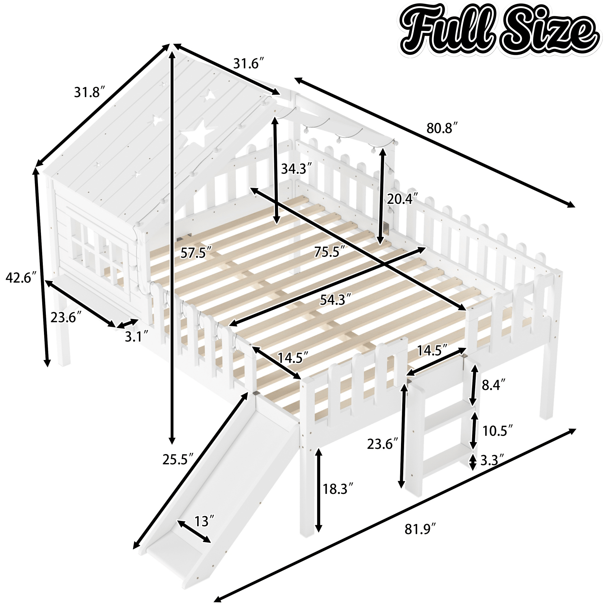 Bellemave® Full Size Kids Low Loft Bed with Slide,House Loft Bed with LED Lights and Ladder,Solid Wood Girls Loft Bed Frame with Safety Guardrails for Girls Boys,Natural - Bellemave