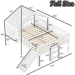 Bellemave® Full Size Kids Low Loft Bed with Slide,House Loft Bed with LED Lights and Ladder,Solid Wood Girls Loft Bed Frame with Safety Guardrails for Girls Boys,Natural - Bellemave