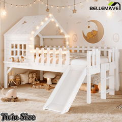 Bellemave® Full Size Kids Low Loft Bed with Slide,House Loft Bed with LED Lights and Ladder,Solid Wood Girls Loft Bed Frame with Safety Guardrails for Girls Boys,Natural - Bellemave