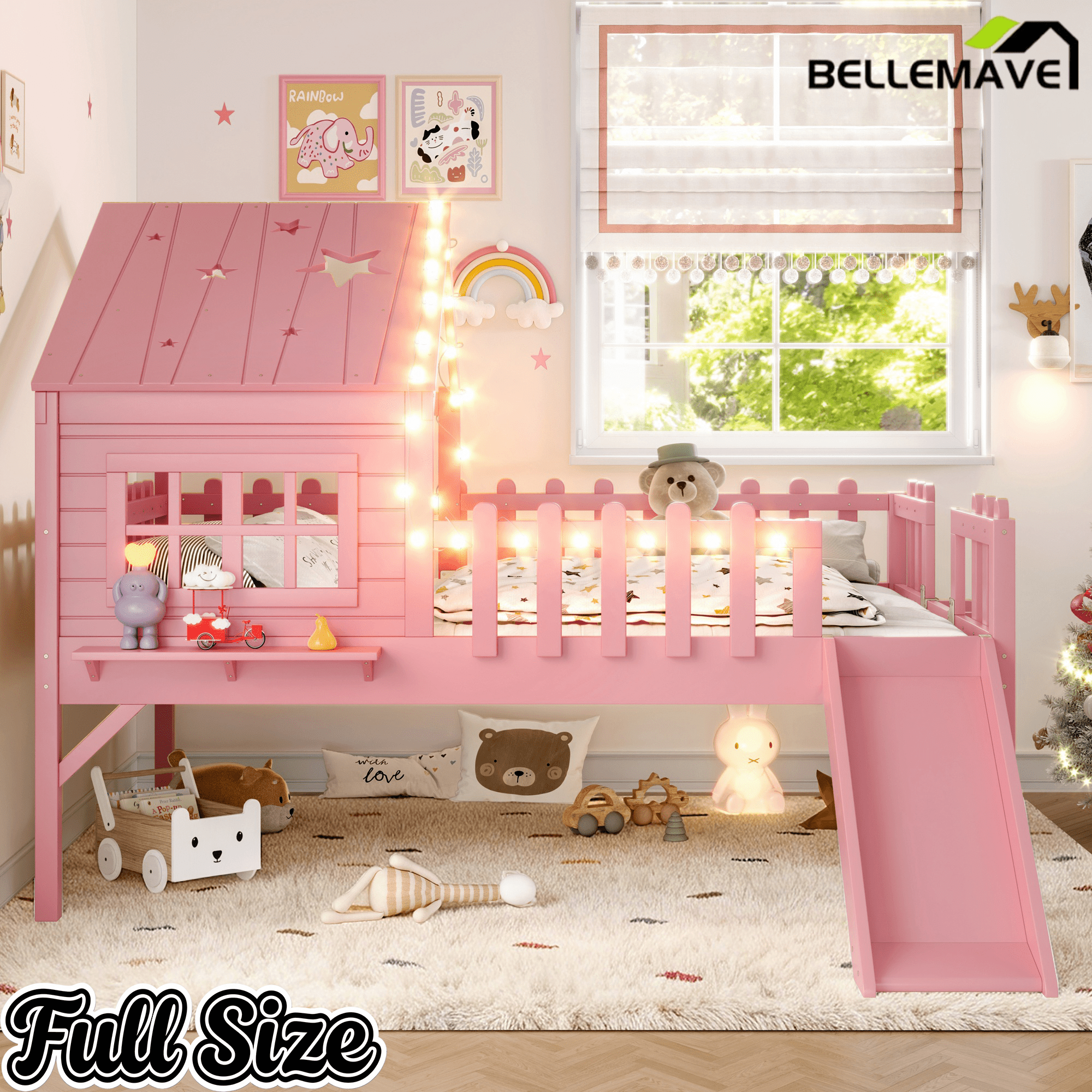 Bellemave® Full Size Kids Low Loft Bed with Slide,House Loft Bed with LED Lights and Ladder,Solid Wood Girls Loft Bed Frame with Safety Guardrails for Girls Boys,Natural - Bellemave