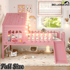 Bellemave® Full Size Kids Low Loft Bed with Slide,House Loft Bed with LED Lights and Ladder,Solid Wood Girls Loft Bed Frame with Safety Guardrails for Girls Boys,Natural - Bellemave