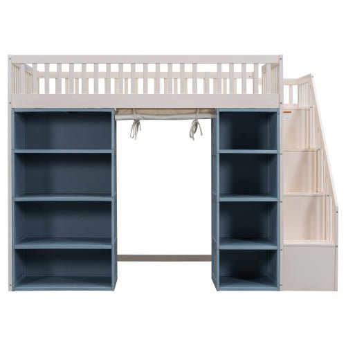 Bellemave® Full Size Loft Bed with 2 Four - layer Storage Cabinets and Curtain - Bellemave